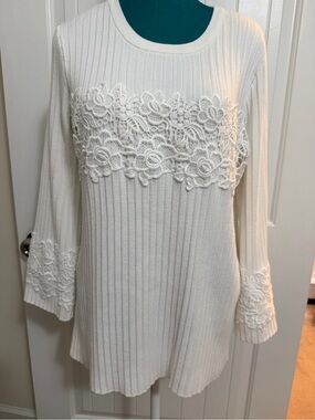 Karl Lagerfeld Off-White Ribbed Knit Tunic with Floral Lace